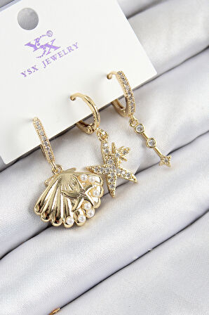 TUA MODA Pirinç Zirkon Taşlı 3'lü İstiridye Ve Yıldız Model Gold Renk Kadın Küpe