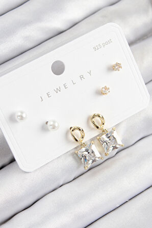 TUA MODA Pirinç Zirkon Taşlı Sallantılı Kare Model Gold Renk 925 Ayar Gümüş Çivi Kadın Küpe Set