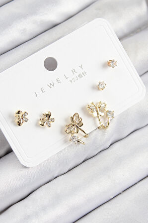 TUA MODA Pirinç Zirkon Taşlı Kelebek Model Gold Renk 925 Ayar Gümüş Çivi Kadın Küpe Set