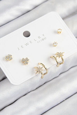 TUA MODA Pirinç Zirkon Taşlı Kutup Yıldızı Model Gold Renk 925 Ayar Gümüş Çivi Kadın Küpe Set