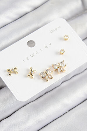 TUA MODA Pirinç Zirkon Taşlı Fiyonk Model Gold Renk 925 Ayar Gümüş Çivi Kadın Küpe Set