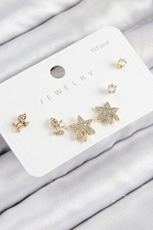 TUA MODA Pirinç Zirkon Taşlı Yıldız Ve Gül Model Gold Renk 925 Ayar Gümüş Çivi Kadın Küpe Set