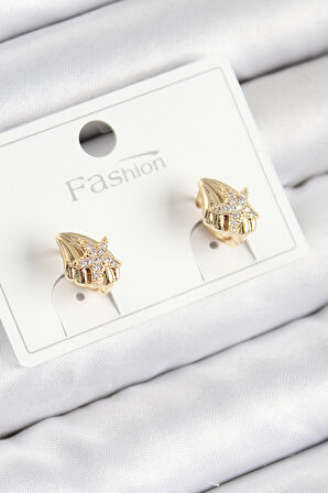 TUA MODA Pirinç Zirkon Taşlı Yıldız Model Gold Renk Çocuk Küpe