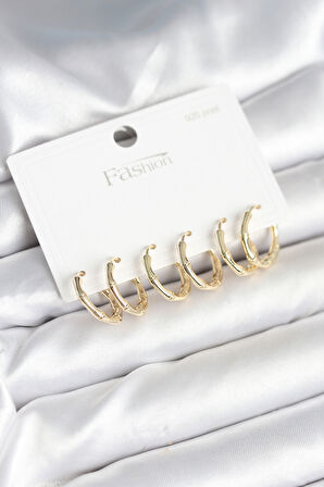 TUA MODA Pirinç Gold Renk Kemik Halka Model 925 Ayar Gümüş Çivili Kadın Küpe Seti