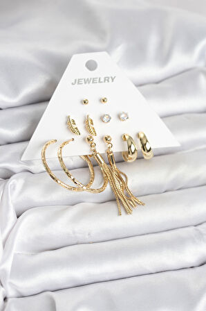 TUA MODA Gold Renk Pirinç Kadın 6 Çift Küpe Seti