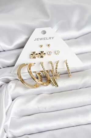 TUA MODA Pirinç Gold Renk 6 Çift Kadın Küpe Seti