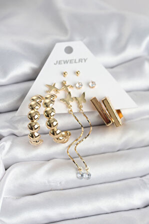 TUA MODA Gold Renk Pirinç 6 Çift Kadın Küpe Seti