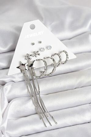 TUA MODA Gümüş Renk Pirinç 6 Çift Kadın Küpe Seti