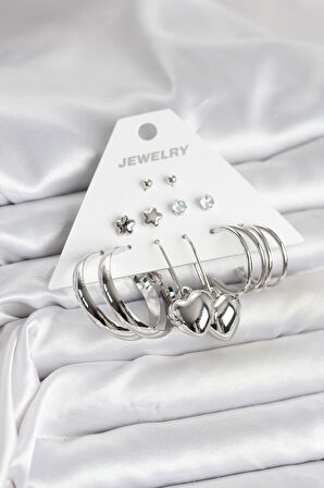 TUA MODA Pirinç Gümüş Renk 6 Çift Kadın Küpe Seti