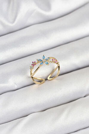 TUA MODA Pirinç Gold Renk Zirkon Taşlı Mavi Çiçekli Kadın Yüzük