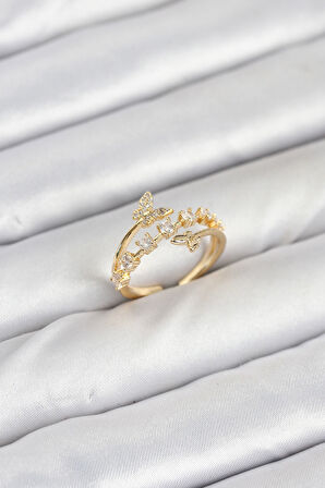 TUA MODA Pirinç Gold Renk Zirkon Taşlı Kelebek Model Kadın Yüzük