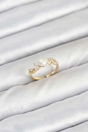 TUA MODA Pirinç Gold Renk Zirkon Taşlı İncili Model Kadın Yüzük