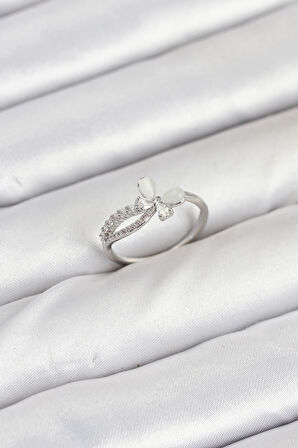 TUA MODA Pirinç Gümüş Renk Kelebek Zirkon Taşlı Kadın Yüzük