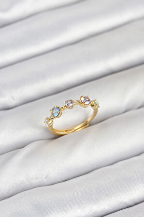 TUA MODA Pirinç Gold Renk Renkli Zirkon Taşlı Kadın Yüzük