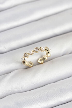 TUA MODA Pirinç Gold Renk Zirkon Taşlı İncili Kadın Yüzük