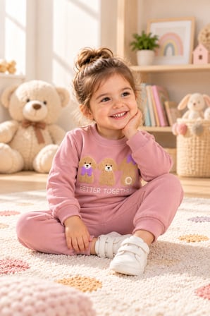 Kız Çocuk Ayıcık Nakışlı 2 İplik Kompak Eşofman Takımı 1-4 Yaş – Gül Kurusu