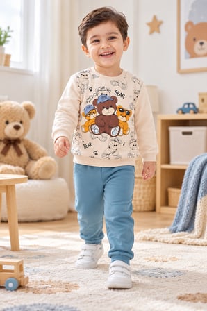 Erkek Çocuk Eşofman Takımı Ayıcık Baskılı Sweatshirt Jogger Alt 2’li Takım