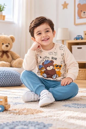 Erkek Çocuk Eşofman Takımı Ayıcık Baskılı Sweatshirt Jogger Alt 2’li Takım