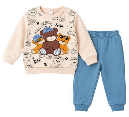 Erkek Çocuk Eşofman Takımı Ayıcık Baskılı Sweatshirt Jogger Alt 2’li Takım