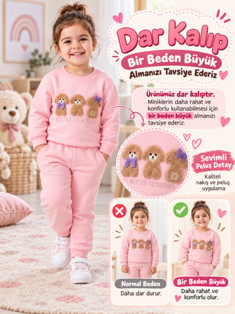 Kız Çocuk Pembe Ayıcık Nakışlı 2 İplik Eşofman Takımı
