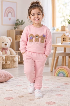 Kız Çocuk Pembe Ayıcık Nakışlı 2 İplik Eşofman Takımı