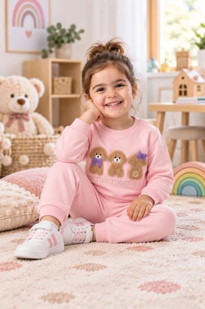 Kız Çocuk Pembe Ayıcık Nakışlı 2 İplik Eşofman Takımı
