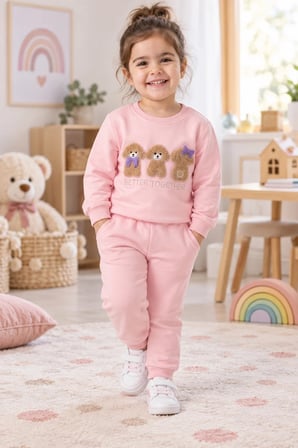 Kız Çocuk Pembe Ayıcık Nakışlı 2 İplik Eşofman Takımı