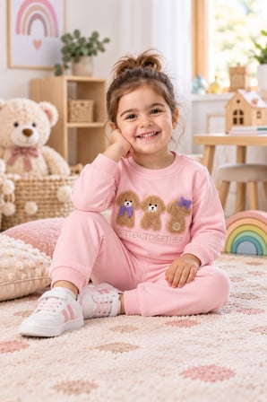 Kız Çocuk Pembe Ayıcık Nakışlı 2 İplik Eşofman Takımı