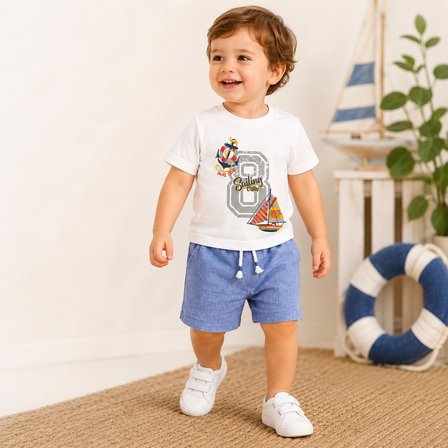 TucanKids Erkek Bebek Beyaz Baskılı Mavi Şortlu İkili Takım %100 Pamuk Yazlık 18 Ay