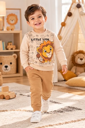 Erkek Çocuk Aslan Baskılı İkili Eşofman Takımı Sweatshirt Eşofman