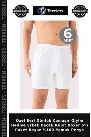 Özel Seri Günlük Çamaşır Giyim Hediye Erkek Paçalı Külot Boxer 6'lı Paket Beyaz %100 Pamuk Penye