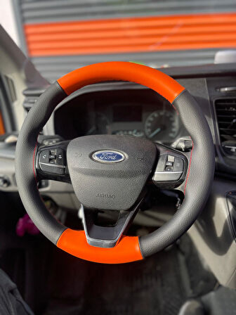 DİKİŞLİ DİREKSİYON KILIFI SİYAH DERİ TURUNCU DERİ KIRMIZI DİKİŞLİ FORD TRANSİT İÇİN