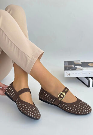 Olise Kahverengi Boncuk İşlemeli Babet Ayakkabı