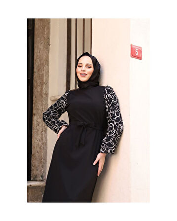 Yuvarlak Desenli Şifon Kollu Tuğba Model Elbise - Siyah Siyah-749