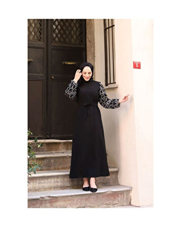 Yuvarlak Desenli Şifon Kollu Tuğba Model Elbise - Siyah Siyah-749