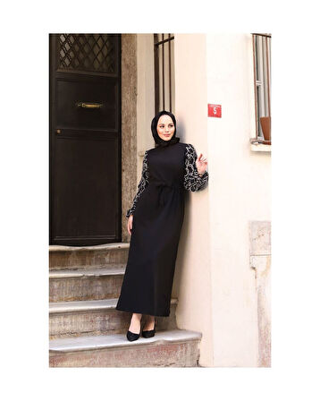 Yuvarlak Desenli Şifon Kollu Tuğba Model Elbise - Siyah Siyah-749
