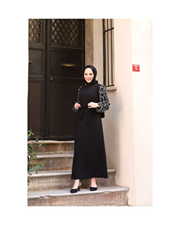 Yuvarlak Desenli Şifon Kollu Tuğba Model Elbise - Siyah Siyah-749