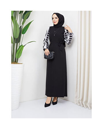 Yuvarlak Desenli Şifon Kollu Tuğba Model Elbise - Siyah Siyah-912