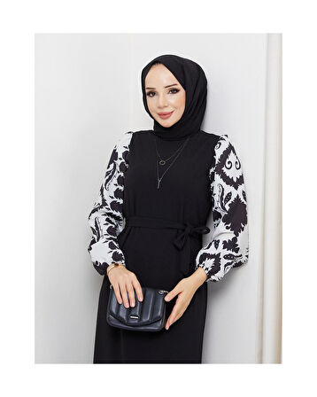 Yuvarlak Desenli Şifon Kollu Tuğba Model Elbise - Siyah Siyah-912