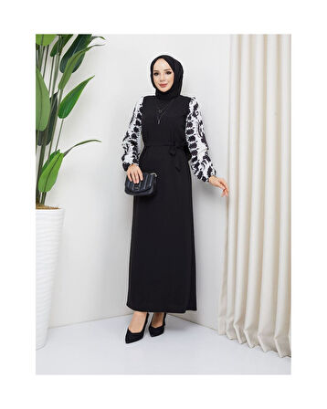 Yuvarlak Desenli Şifon Kollu Tuğba Model Elbise - Siyah Siyah-912
