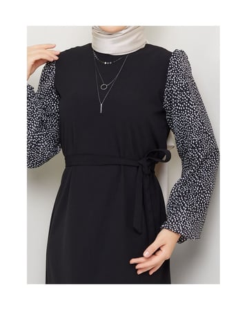 Yuvarlak Desenli Şifon Kollu Tuğba Model Elbise - Siyah Siyah-915