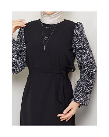 Yuvarlak Desenli Şifon Kollu Tuğba Model Elbise - Siyah Siyah-915