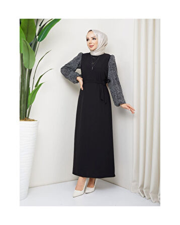 Yuvarlak Desenli Şifon Kollu Tuğba Model Elbise - Siyah Siyah-915