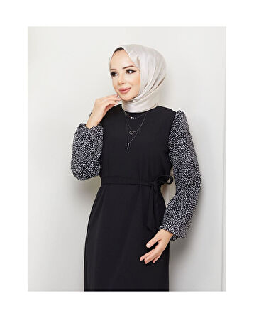 Yuvarlak Desenli Şifon Kollu Tuğba Model Elbise - Siyah Siyah-915