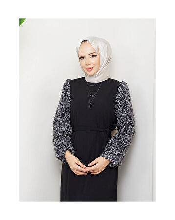Yuvarlak Desenli Şifon Kollu Tuğba Model Elbise - Siyah Siyah-915