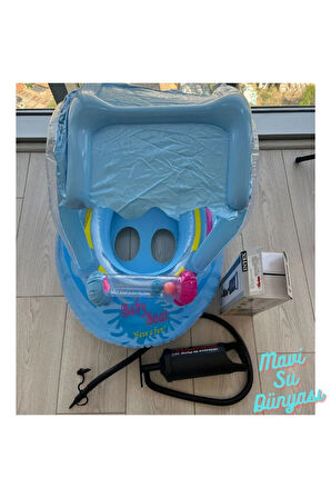 Pompa Hediyeli Gölgelikli Mavi Renk Bebek Deniz Simidi, Bebek Havuz Simidi, 0-3 Yaş 71cm*60cm