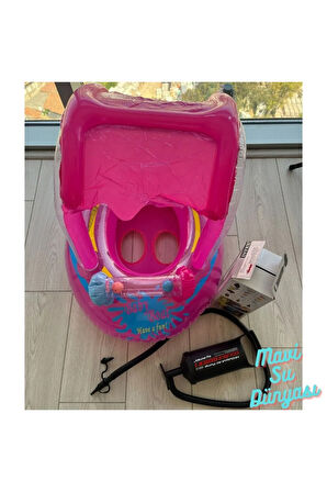 Pompa Hediyeli Gölgelikli Pembe Renk Bebek Deniz Simidi, Bebek Havuz Simidi, 0-3 Yaş 71cm*60cm