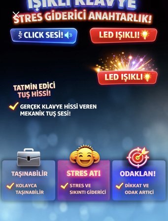 Işıklı Klavye | Stres Giderici Klavye | Parmak Klavye | Ses Çıkaran Işıklı Tuş Takımı Anahtarlık