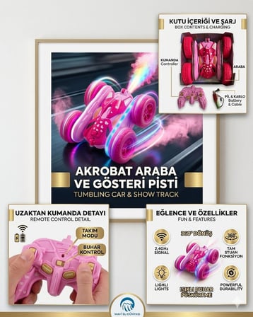 Uzaktan Kumandalı Pembe Renk Full Fonksiyon | 2.4 Ghz Şarjlı | Işıklı Buhar Atan | 360 Derece Dönebilen Akrobat Araba