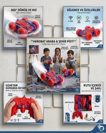 Uzaktan Kumandalı Spiderman Renk Full Fonksiyon | 2.4 Ghz Şarjlı | Işıklı Buhar Atan | 360 Derece Dönebilen Akrobat Araba